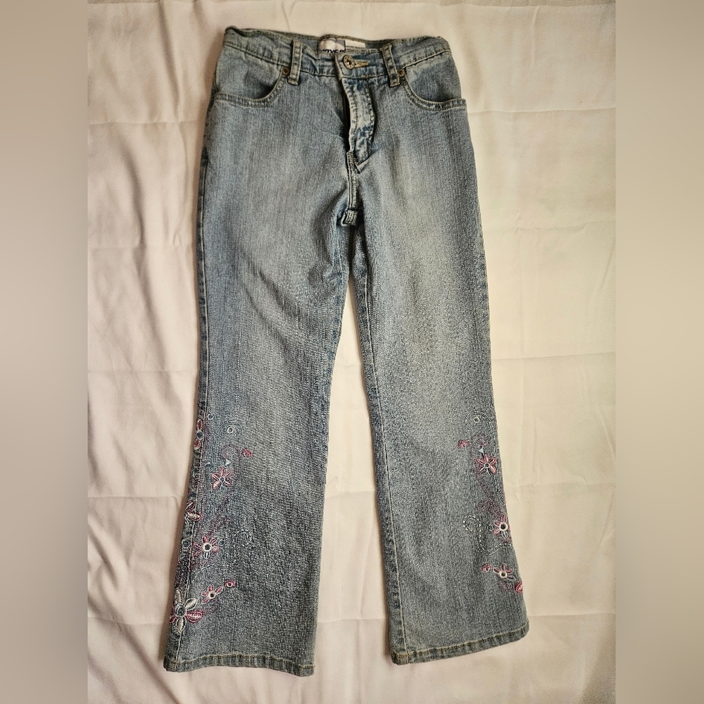 Rave Girl Girls Blue Bootleg Jeans with Floral Stitching on Sides Size 8